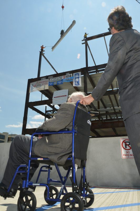 St. Peter’s Health Partners celebrated a major milestone in its $99 million Troy Master Facilities Plan with a “topping off” ceremony, lowering the last beam atop the framework of the new, five-story patient pavilion being constructed on the Samaritan Hospital campus. 