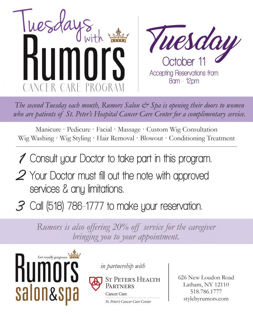 A new program will enable women who are patients at St. Peter’s Hospital Cancer Care Center to enjoy free salon, beauty, and other services at Rumors Salon and Spa in Latham.