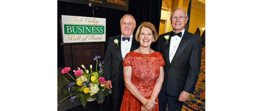 The Tech Valley Business Hall of Fame inducted Dr. William J. Cromie, former president and CEO of CDPHP; Maureen Lewi, accepting for her late husband Ed Lewi, former president and CEO of Ed Lewi Associates, and Dr. James K. Reed, right, president and CEO of St. Peter's Health Partners, during a ceremony Wednesday in Colonie.