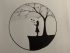 One of Izzy's submissons. A ciricle in black on a white background. Inside the circle is a tree, with branches reaching the edge of the ciricle. The tree stands on a ledge, to the left is a girl in a dress, hand up, blowing leaves away. A shaded grey sky and a sun are behind the tree branches. The entire image is drawn in black.