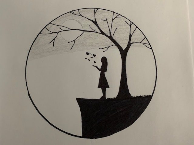 One of Izzy's art submissons. A circle in black on a white background. Inside the circle is a tree, with branches reaching the edge of the ciricle. The tree stands on a ledge, to the left is a girl in a dress, hand up, blowing leaves away. A shaded grey sky and a sun are behind the tree branches. The entire image is drawn in black. 